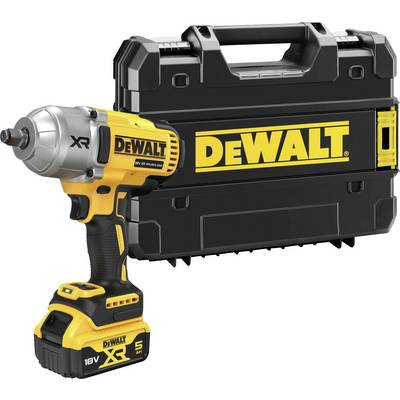 Akku-slagskruetrækker og bæretaske fra DeWalt. Værktøj i sort-gul farve med XR 18V batteri. Taske med DeWalt-logo.