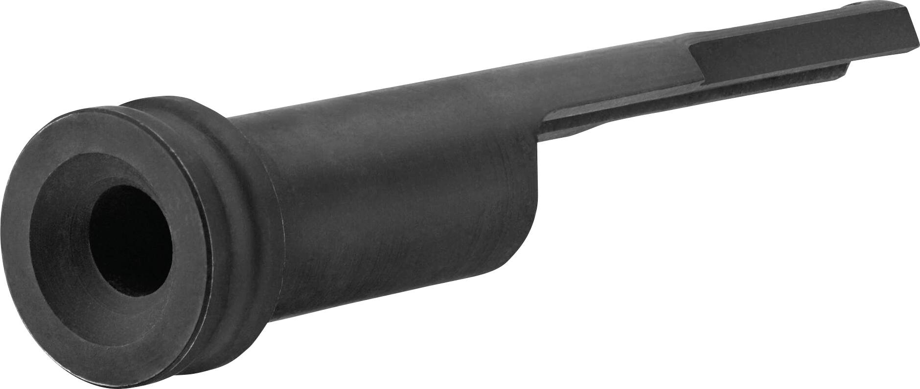 Sort, cylinderformet metalgenstand med en rund åbning i den ene ende. Sandsynligvis en teknisk komponent eller adapter.