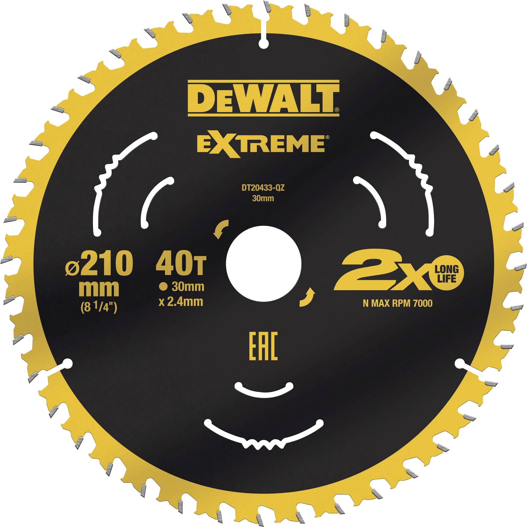 DeWalt rundsavsklinge, 210 mm diameter, 40 tænder, egnet til ekstrem belastning, lang levetid, maks. 7000 o/min.