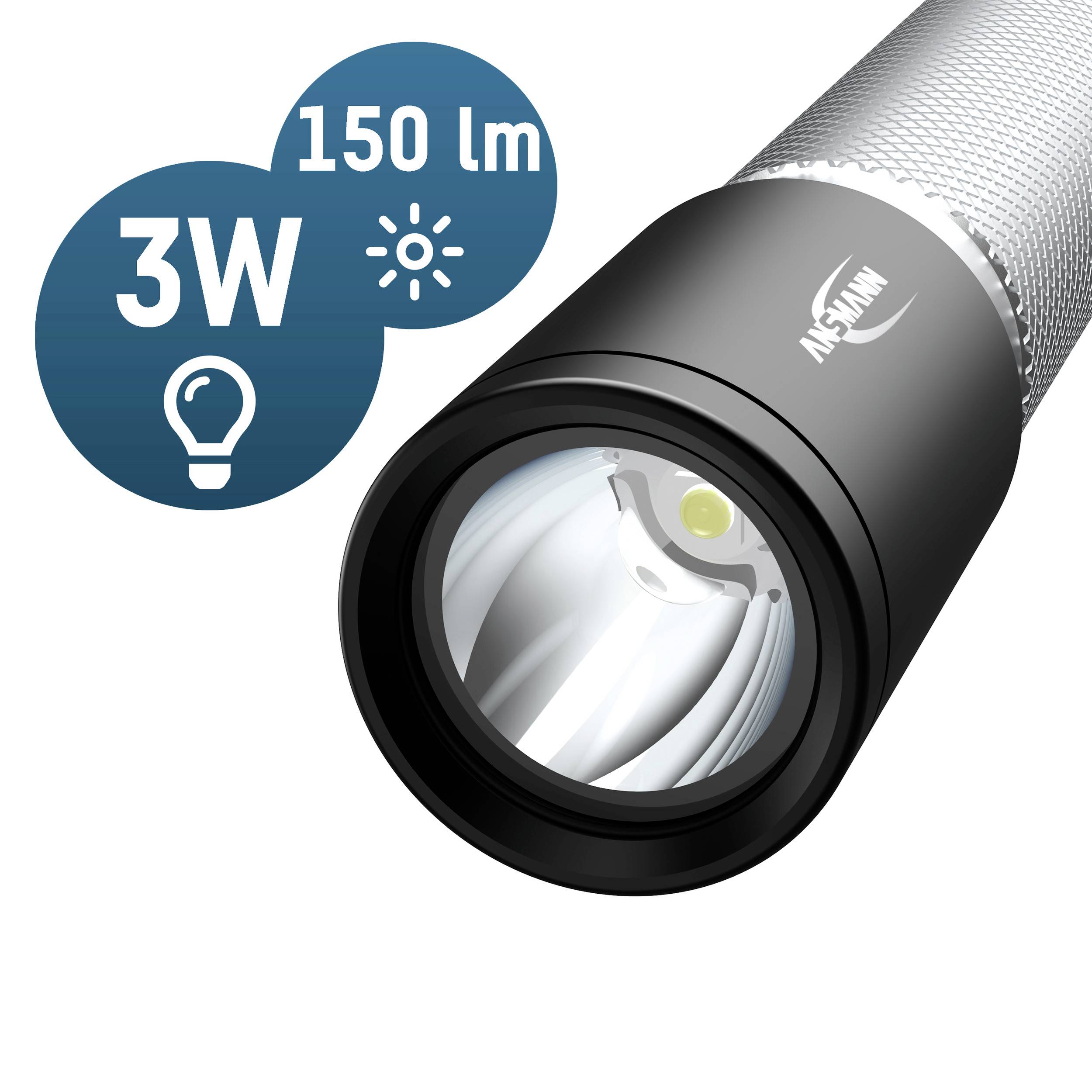 Lommelygte med 3 watts effekt, 150 lumens lysstyrke. Stor tænd/sluk-knap, velegnet til udendørs aktiviteter.