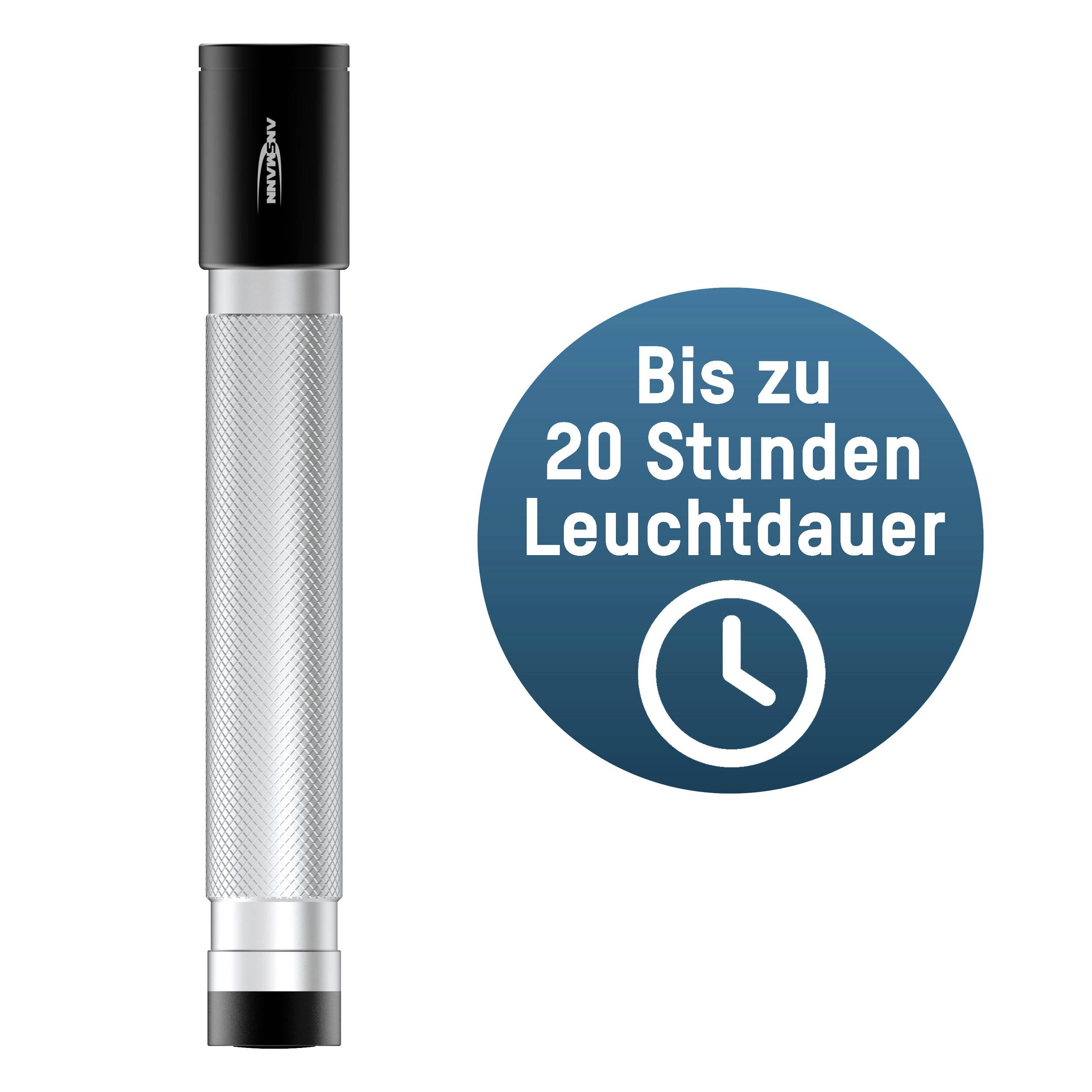 En lommelygte ved siden af en blå cirkel med teksten 'Op til 20 timers batteritid' og et ur-symbol.