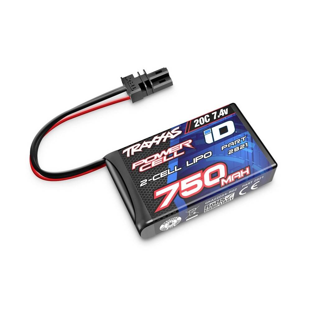 Akkupack: 2-cellers LiPo, 750 mAh, 7,4V. Påskrift: Traxxas Power Cell ID 2821.