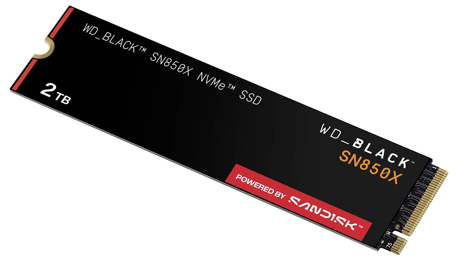 'WD_BLACK SN850X NVMe SSD 2TB' viser branding og kapacitet og præsenterer en højydelses lagerenhed fra SanDisk.