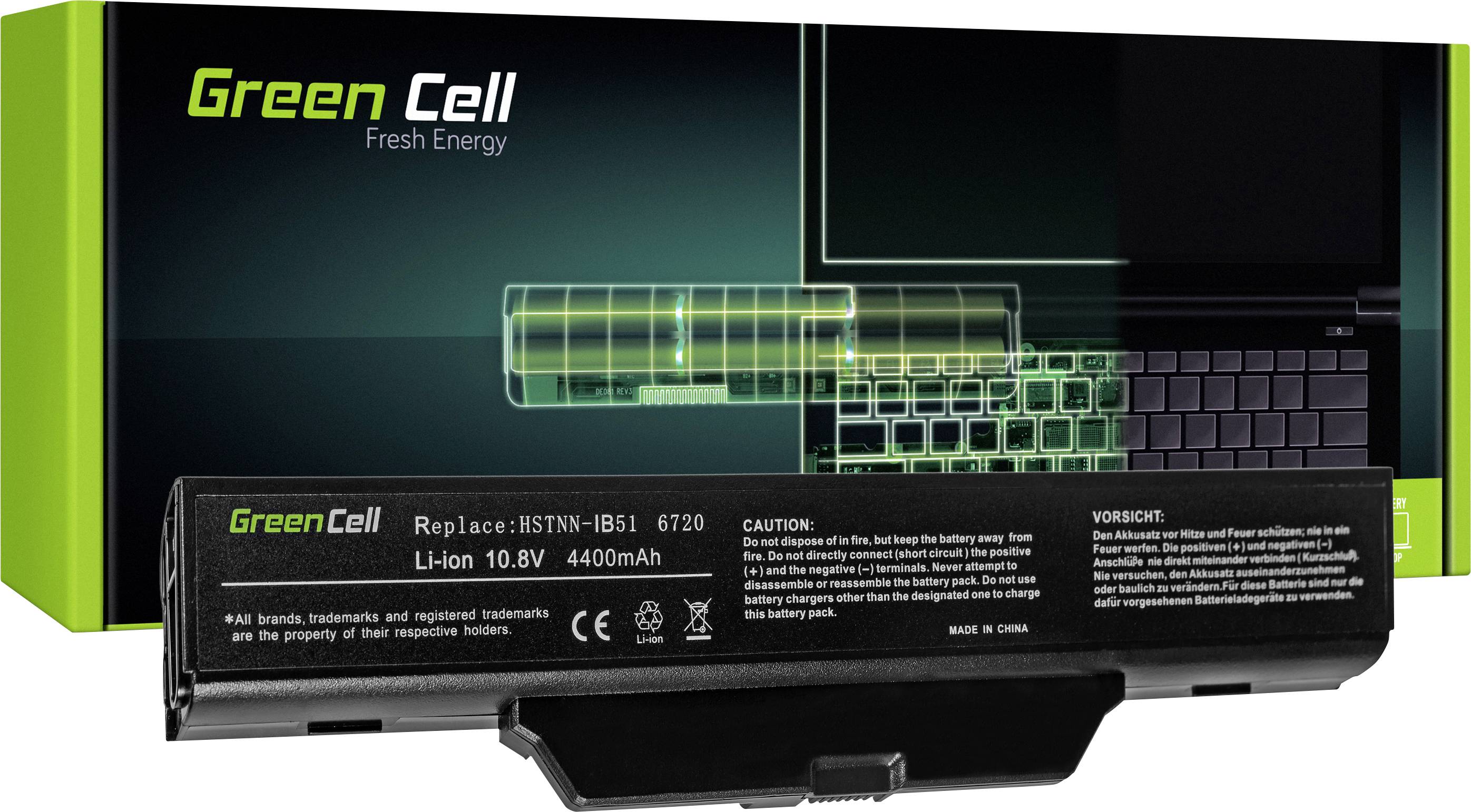 Laptop-erstatningsbatteri fra Green Cell med modelnummer HSTNN-IB51 og 4400 mAh. Emballagen viser et billede af en bærbar computer.