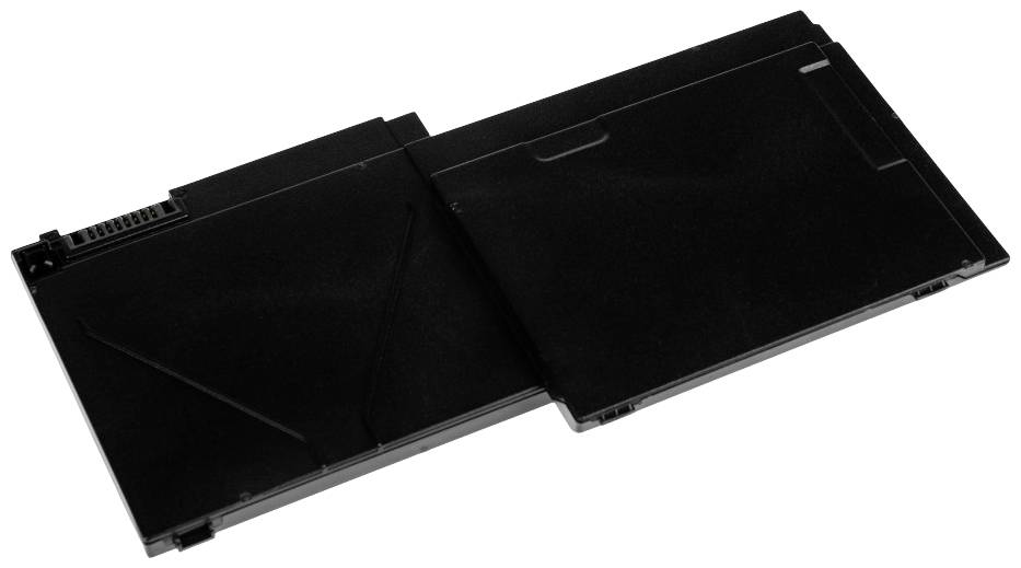 Sort laptop-batteri med rektangulær design og synlige kontakter på den ene side.