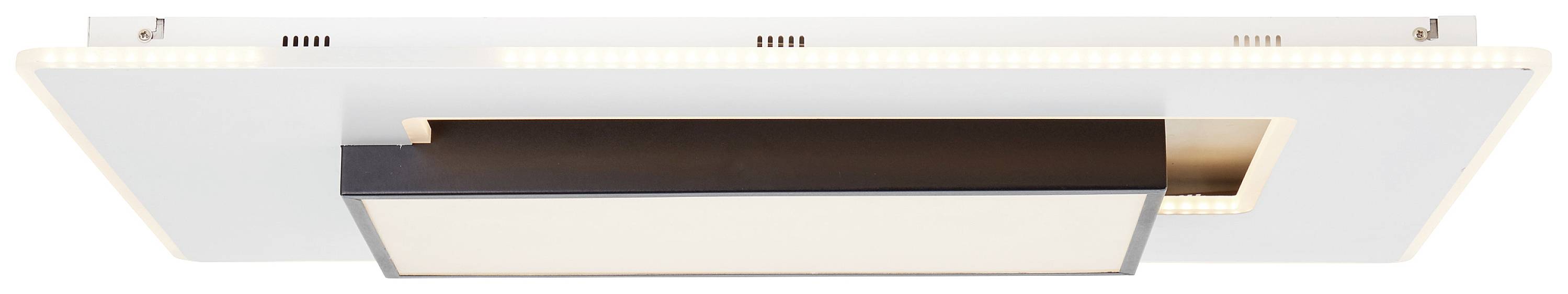 Rektangulær LED-loftslampe i moderne design med hvid og sort ramme og lysstreger langs kanterne.