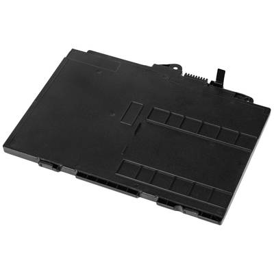 Sort laptopbatteri, rektangulær og flad, med synlige kontakter og fordybninger, på hvid baggrund.