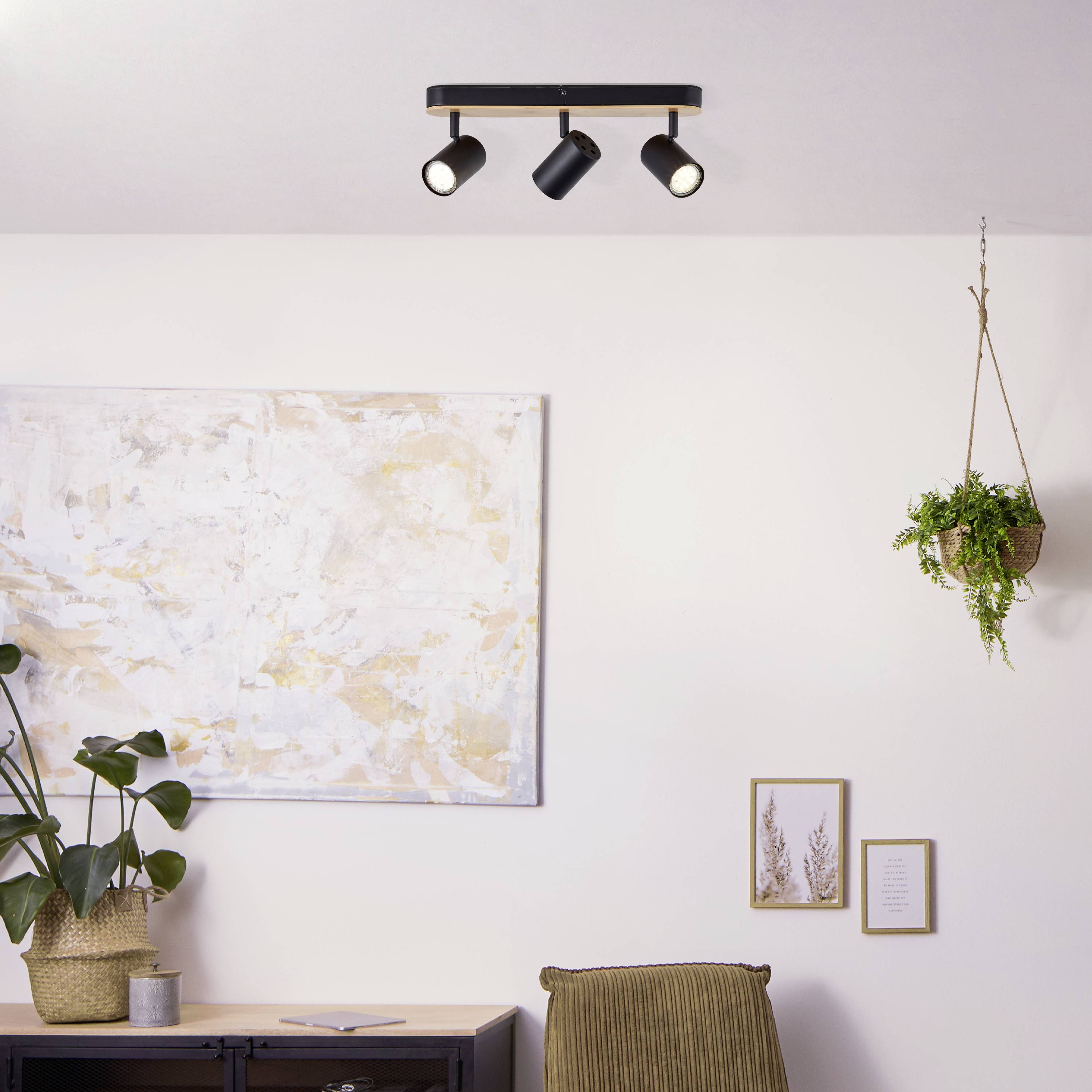 Et enkelt indrettet stue med et bord, to planter, et abstrakt billede på væggen og en sort loftslampe.