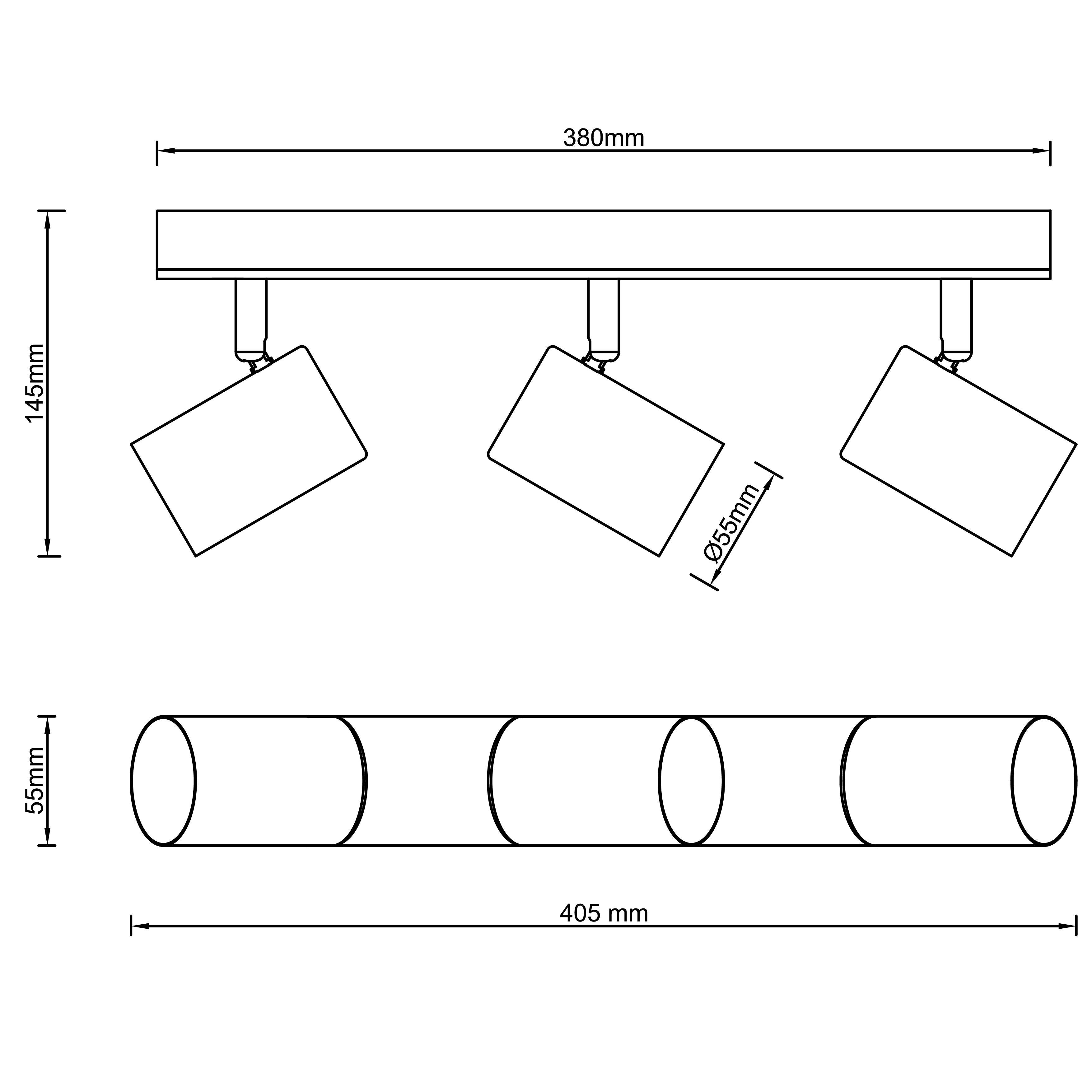 Teknisk tegning af en loftslampe med tre lamper med følgende dimensioner: Højde 145 mm, bredde 380 mm, længde 405 mm, lampeskærmdiameter 55 mm.