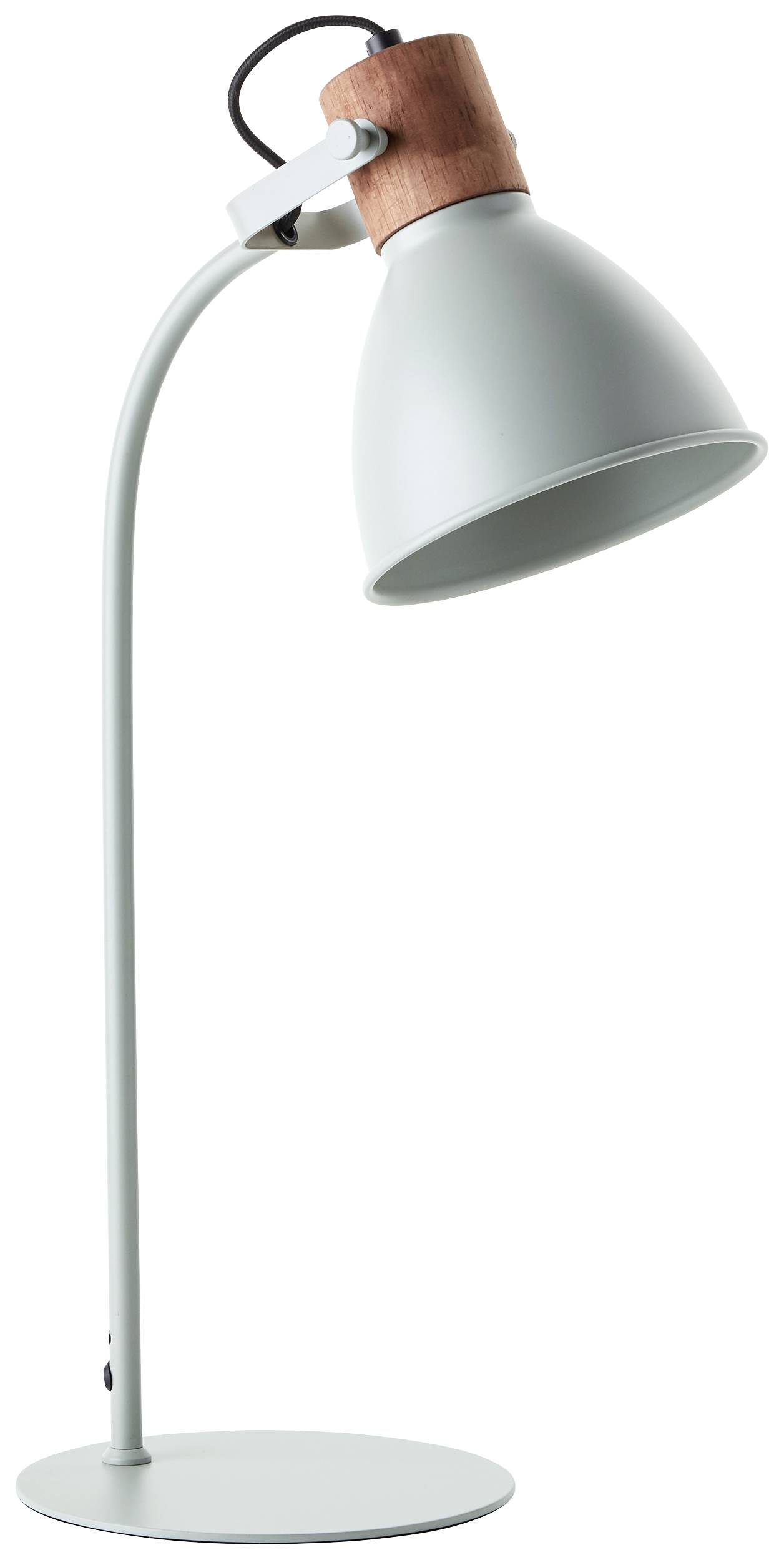 Moderne bordlampe i metal med buet skærm og trædetalje ved halsen.