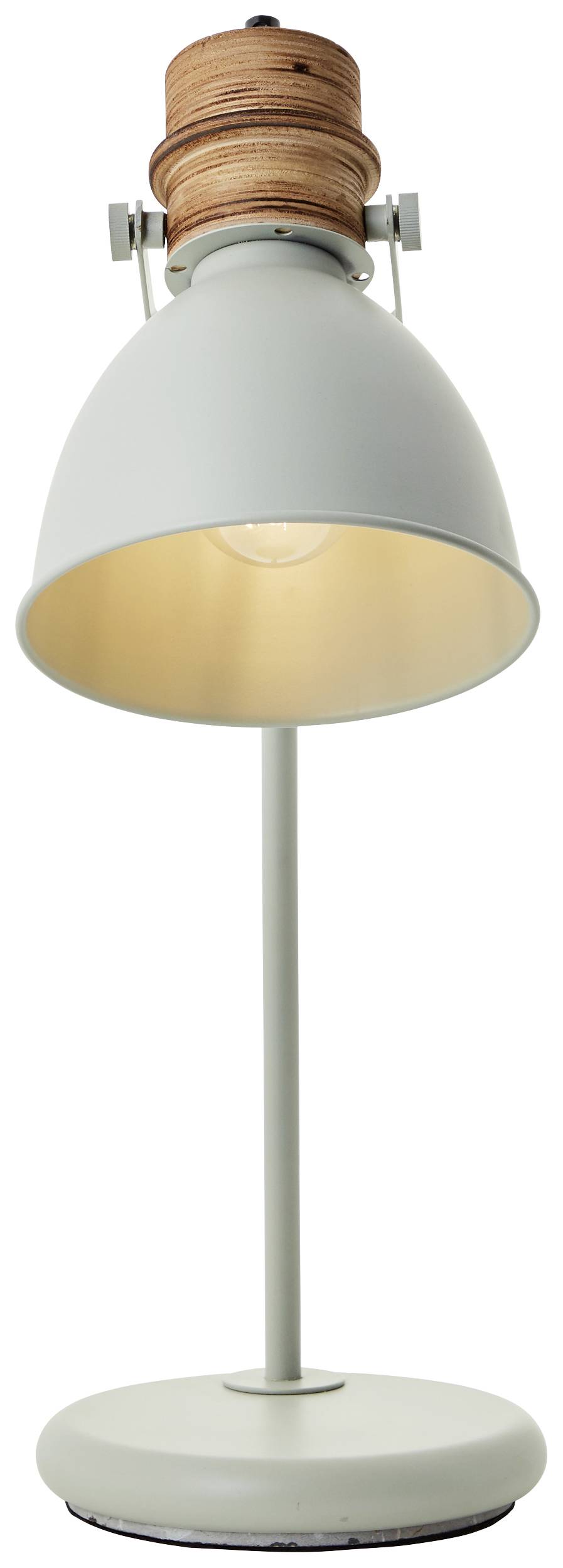 Hvid bordlampe med trædetalje øverst, stående lodret på en rund base. Enkelt design med en kegleformet skærm.