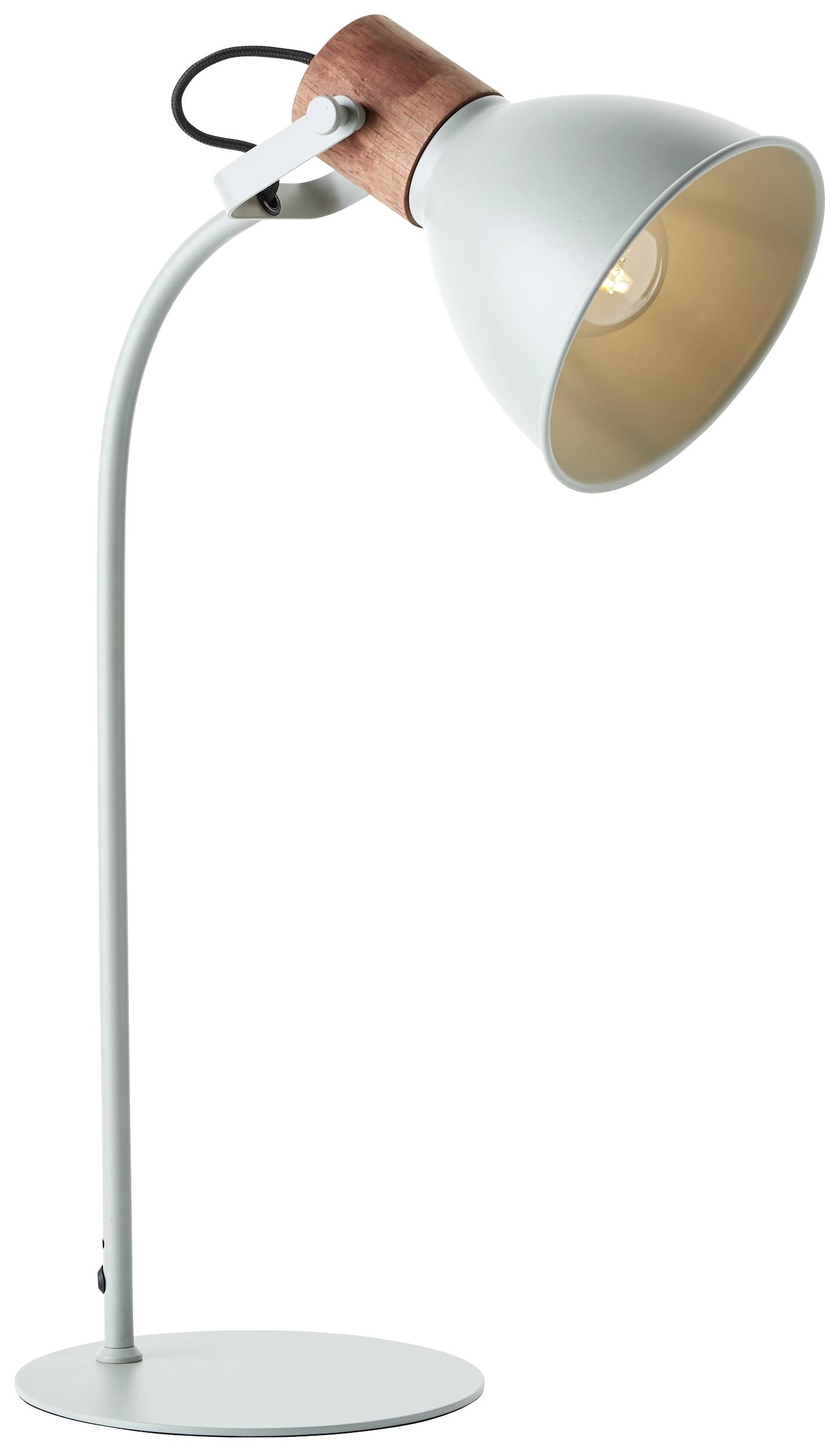 En moderne, buet bordlampe med hvid skærm og trædetaljer, som er tændt. Ideel til arbejds- eller læsemiljøer.