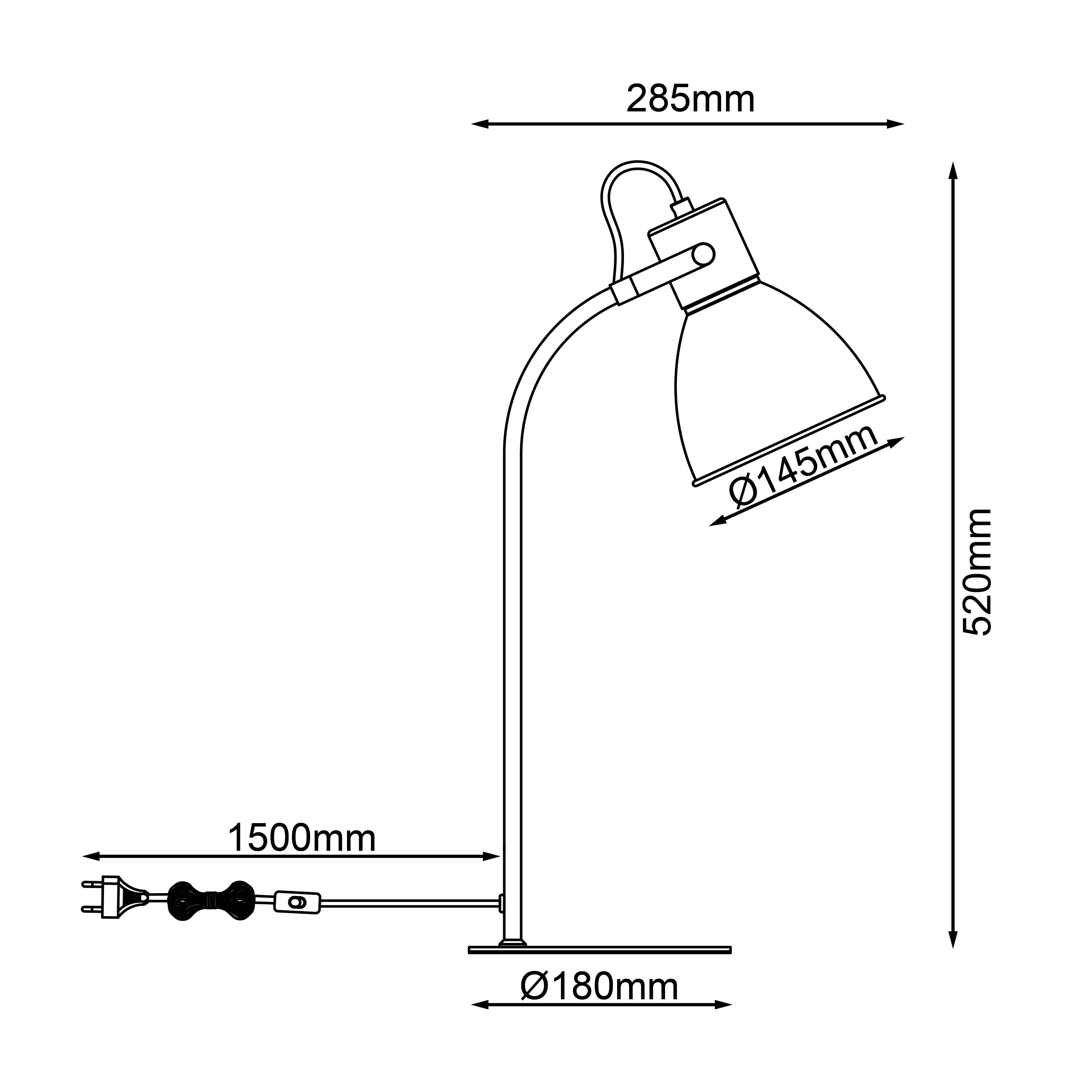 Teknisk tegning af en bordlampe med mål: Samlet højde 520 mm, lampeskærm Ø 145 mm, ledningslængde 1500 mm, base Ø 180 mm.