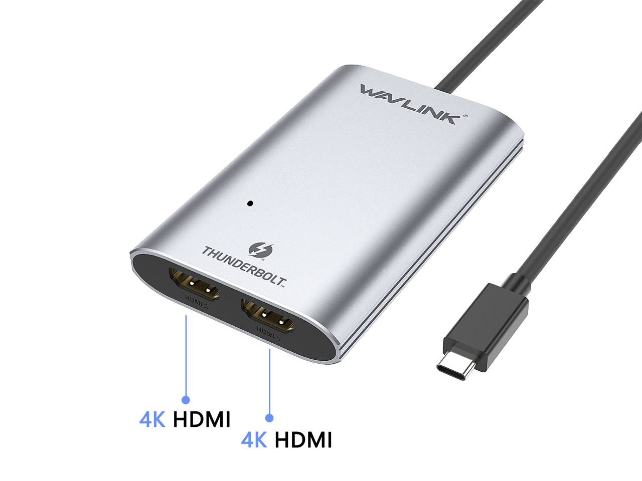 En sølv Thunderbolt-adapter fra Wavlink med to 4K-HDMI-porte og et USB-C-kabel, egnet til højopløselig videoudgang.