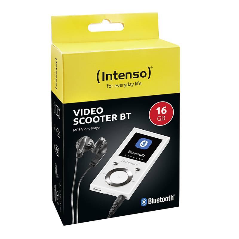 Emballage til en 'Intenso Video Scooter BT' MP3-afspiller med 16 GB. Indeholder en illustration af enheden med hovedtelefoner og Bluetooth-logo.