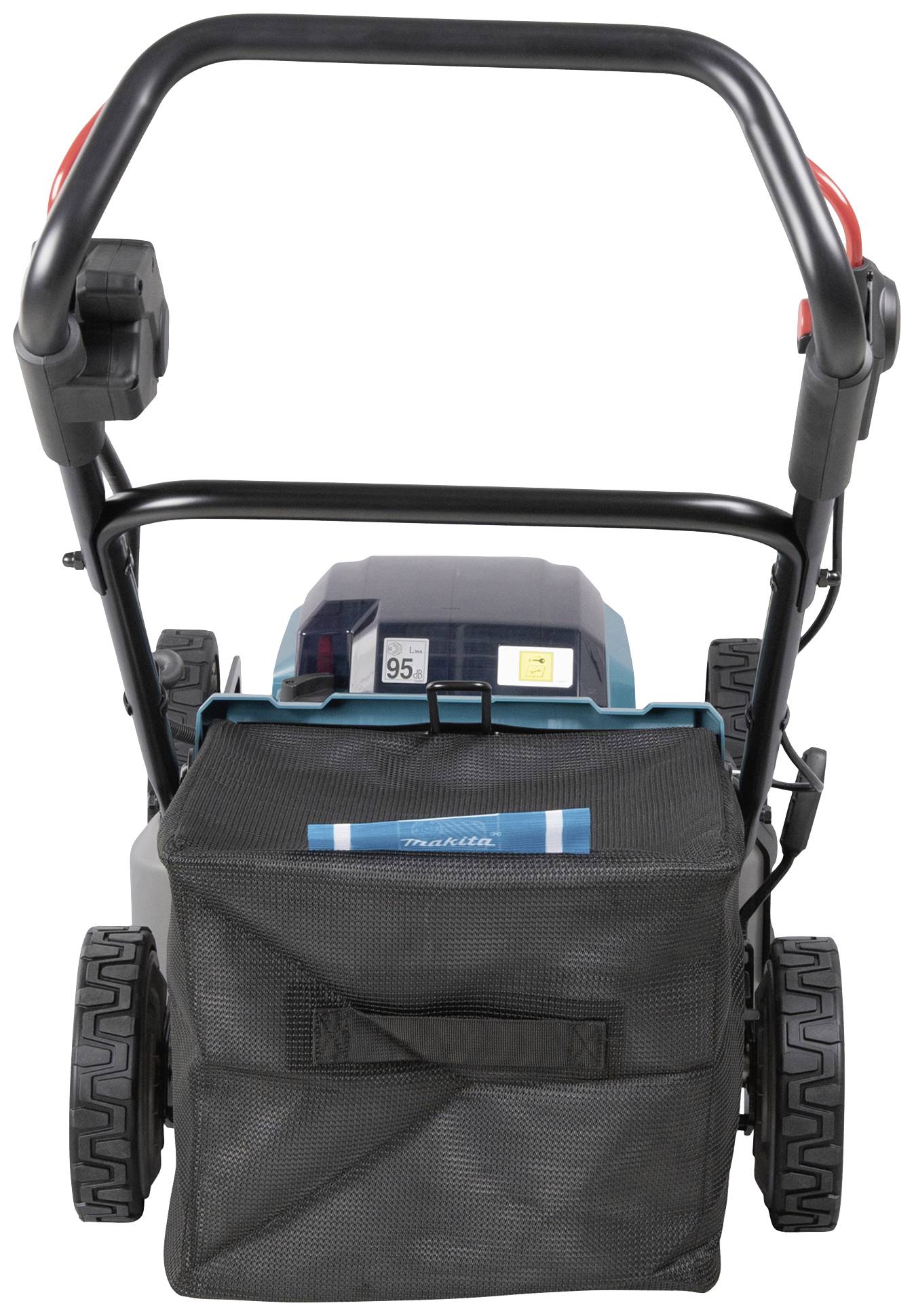 Bagfra-perspektiv af en plæneklipper med opsamlingskurv. Håndtaget er sort, og et batterrum er synligt. Ideel til havepleje.