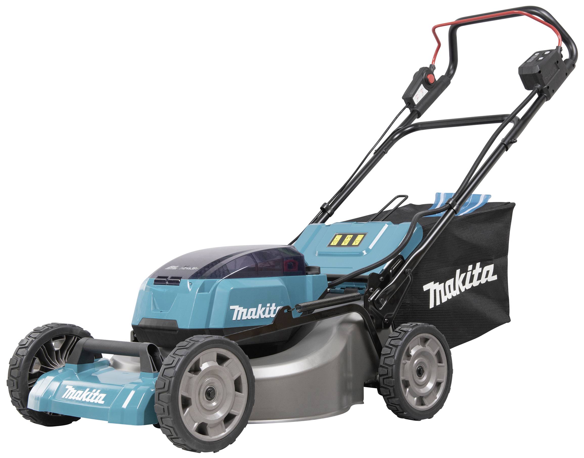 En blå plæneklipper med sort håndtag og opsamlingskurv. 'Makita' tekst synlig. Plæneklipperen står på en hvid overflade.