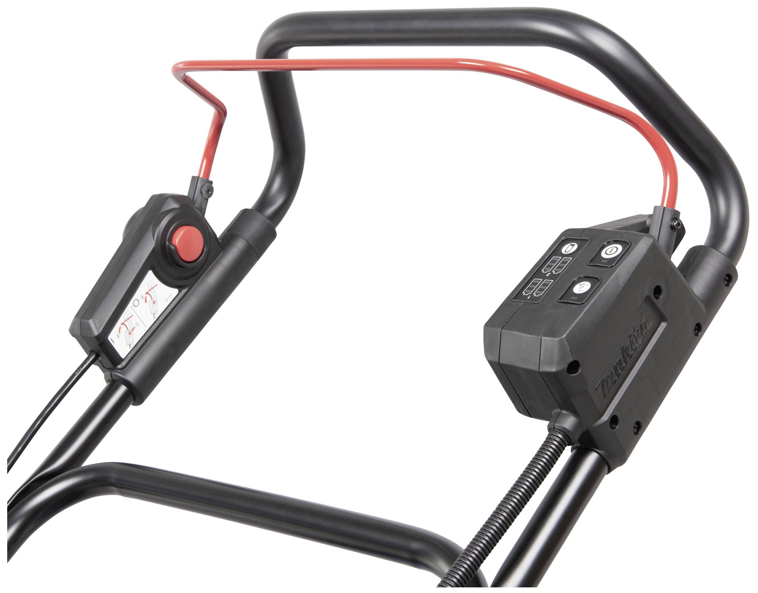 Nærbillede af håndtaget og betjeningspanelet på en plæneklipper med en rød løftearm og knapper til styring. En hældningsindikator er også synlig.