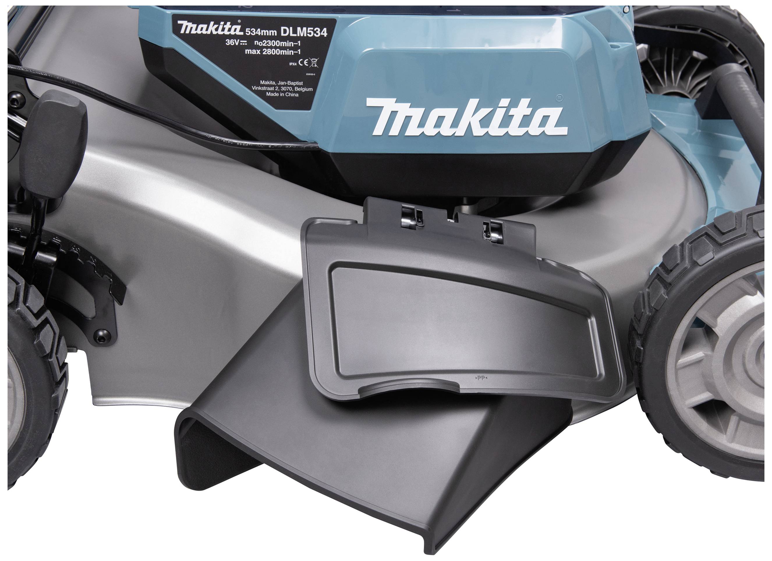 Plæneklipper fra Makita med sideudbringning. Hovedkroppen er blå og sort, med et tydeligt robust design. Mærkenavnet er placeret centralt.