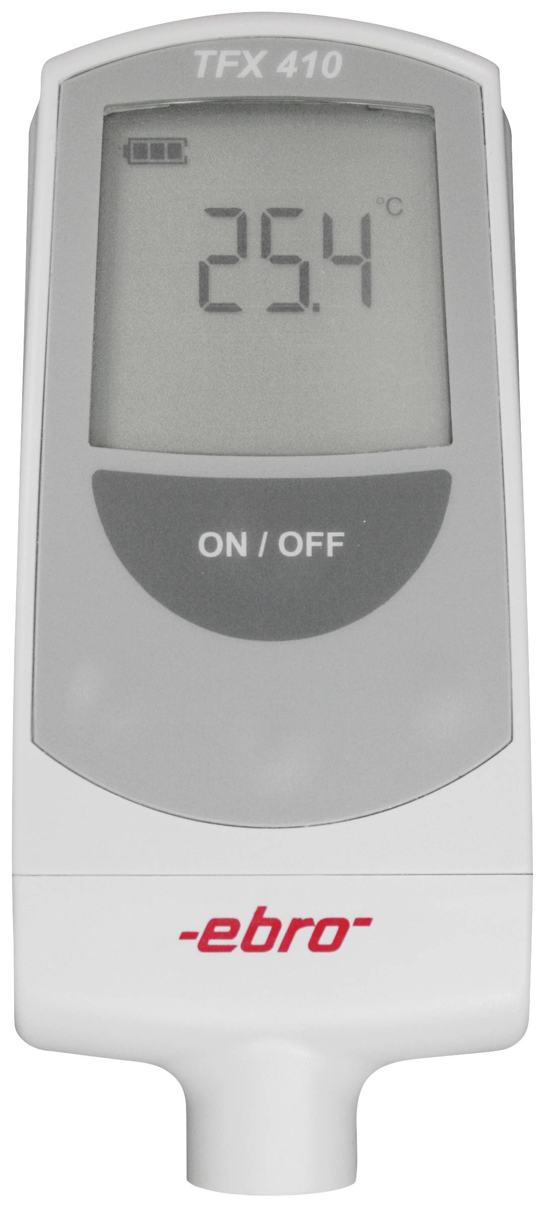 Digitalthermometer TFX 410 viser 25,4°C. Batterisymbol øverst til højre. Tænd-/slukknap under displayet. Mærket 'ebro' forneden.