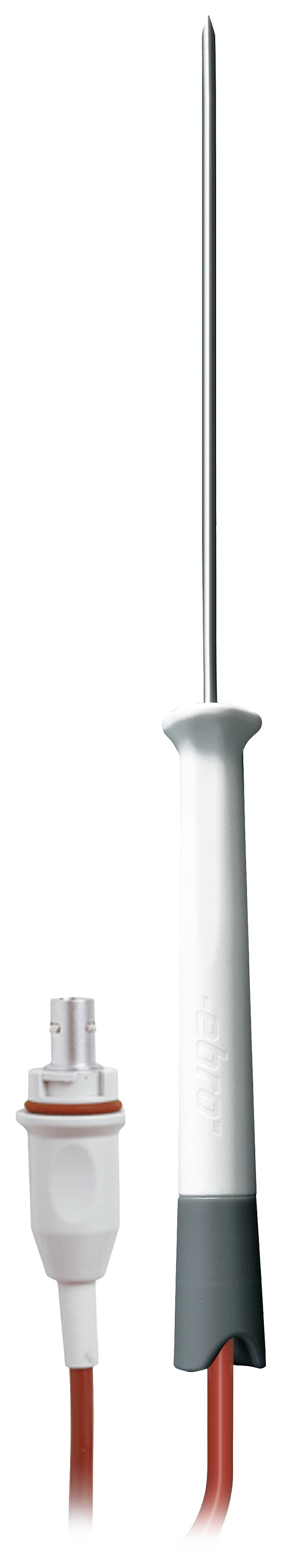 Et kødstegetermometer med rødt kabel og stik har en lang, tynd metalfølsom sensor. Perfekt til måling af kernetemperaturer under madlavning.