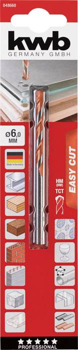 En 6 mm spiralbor-pakke fra 'kwb Germany GmbH' med påskriften 'Easy Cut', egnet til forskellige materialer som træ og fliser.