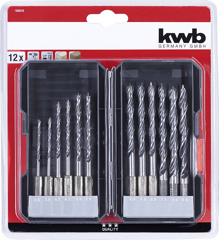 Et sæt bestående af 12 metalborere, sorteret efter størrelse (3,0 til 8,0 mm), pakket i en gennemsigtig plastboks, mærke: kwb.