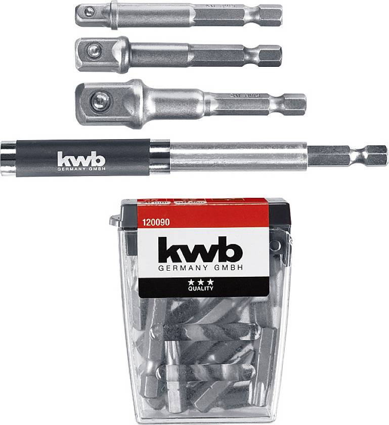 Sæt af adaptærværktøjer med en opbevaringsbeholder. Varemærke "kwb" på værktøjerne. Varenummer: 120090.