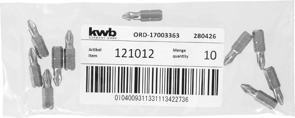 En pakke skruetrækker-bits med påskriften 'Varenummer 121012'. Indeholder 10 bits, leverandør er 'kwb Germany GmbH'.