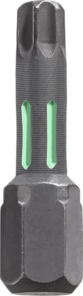 En metallic bits skruetrækker med grønt markerede grebsdetaljer.