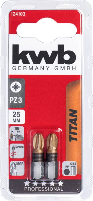 Pakning af skruetrækker-bits, mærke KWB, PZ3, 25mm længde. Indeholder to bits. Påskrift 'Titan' og 'Professional'.