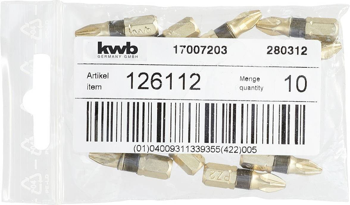 En pakke med ni guldfarvet skruebits i størrelse PZ2 fra 'kwb Germany GmbH', varenummer 126112, antal 10.
