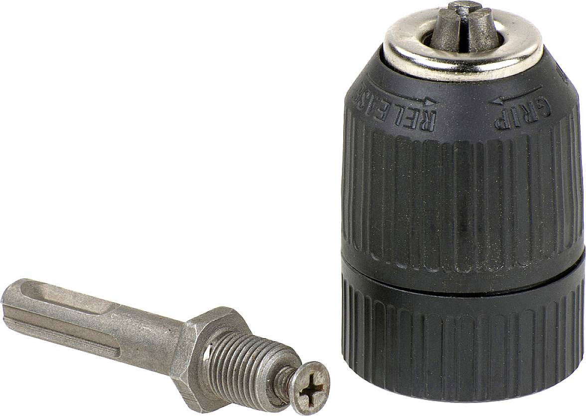 Et sort borepatron og en sølvfarvet adapter ligger ved siden af hinanden på en hvid overflade.