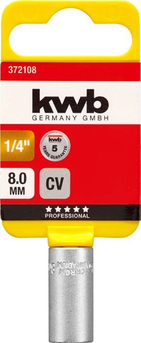 Skruenøglehovede fra kwb Germany GmbH, 8,0 MM, 1/4 tomme, CV, professionel kvalitet. Emballeret i rød og gul.