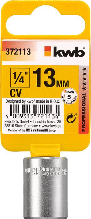 'kwb Stecknuss', størrelse 1/4 tomme, 13 mm. Emballage med stregkode for identificerbar køb. Oprindelse: R.O.C, Producent: kwb tools GmbH, Tyskland.