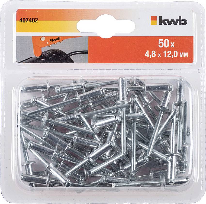 50 x 4,8 x 12,0 mm' søm i gennemsigtig plastikemballage fra mærket kwb. Orange etiket øverst med artikelnummer '407482'.