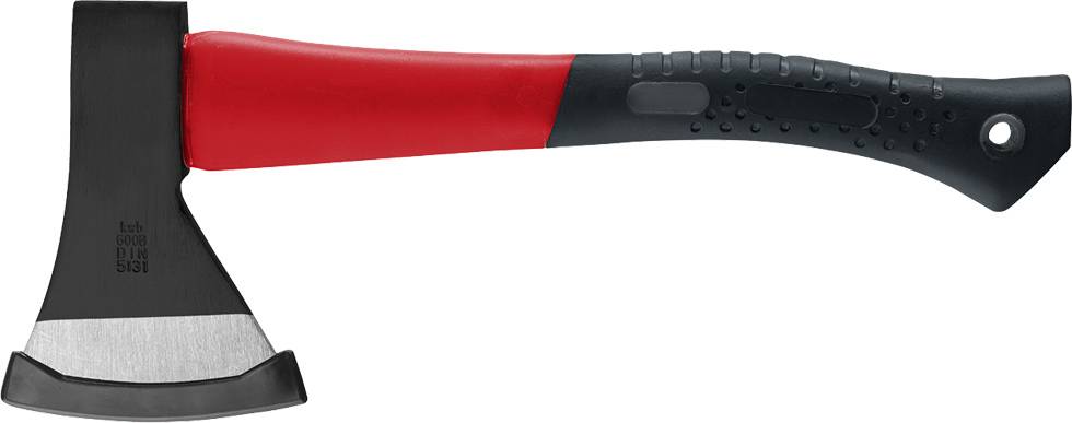 En økse med rød og sort håndtag, sort hoved og sølvfarvet æg, ligger vandret.