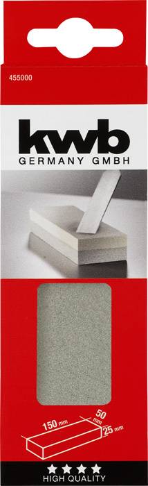Emballage til en slibesten fra mærket 'kwb Germany GmbH', viser et billede af produktet med dimensionerne 150 x 50 x 25 mm.