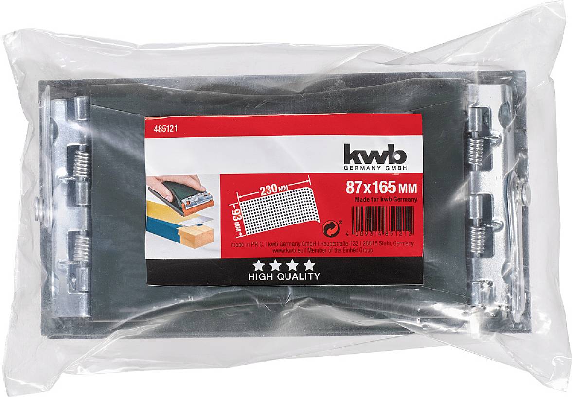 KWB blok til håndslibepapir, 87x165mm, høj kvalitet, viser produkt i emballage med størrelsesangivelse og brugsvejledning.