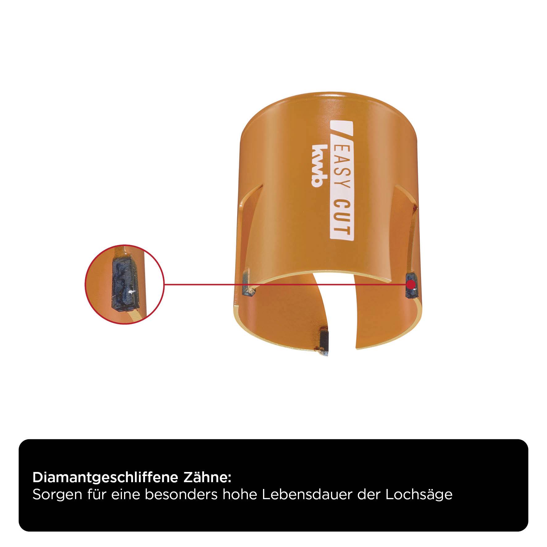 Hulsav med orange hus, produktnavn 'EASY CUT' og LWB-logo. Tekst på billedet: 'Diamantslibede tænder: Sørger for en særligt lang levetid for hulsaven'.