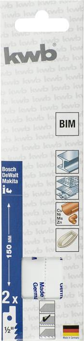 'kwb' savklinger til Bosch, DeWalt, Makita. Til metal, aluminium og træ. Pakke med ikoner for brugstyper, indeholder 2 stykker.