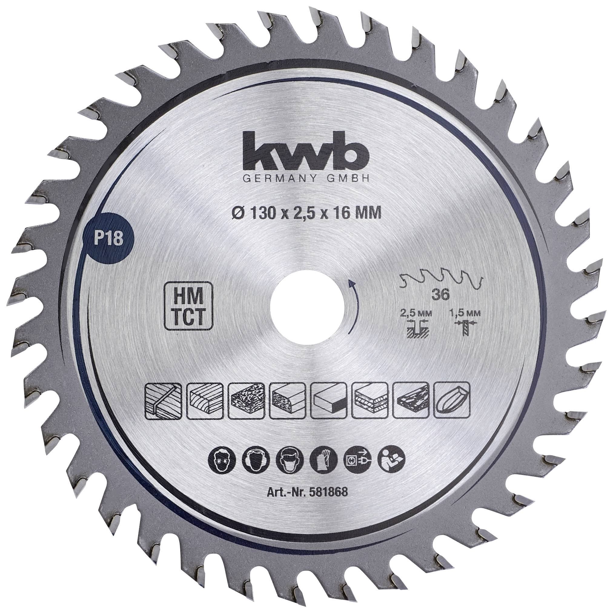 Rundsavsklinge med 36 tænder, diameter 130 mm, til træforarbejdning. Mærket med 'kwb Germany GmbH'. Varenr.: 581868.