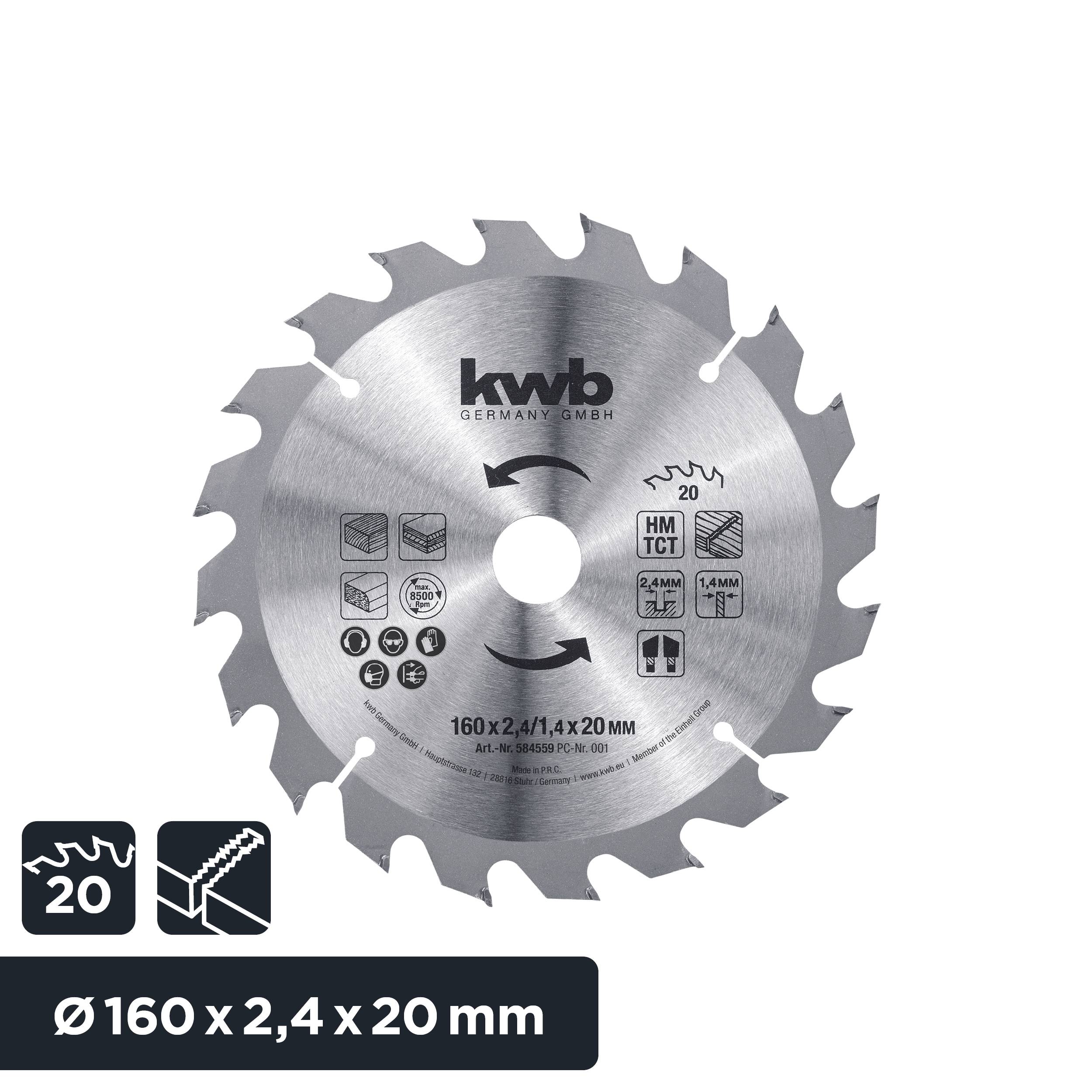 KWB Germany-savklinge af metal med 20 tænder, egnet til træ- og aluminiumsarbejde, diameter: 160 x 2,4 x 20 mm.