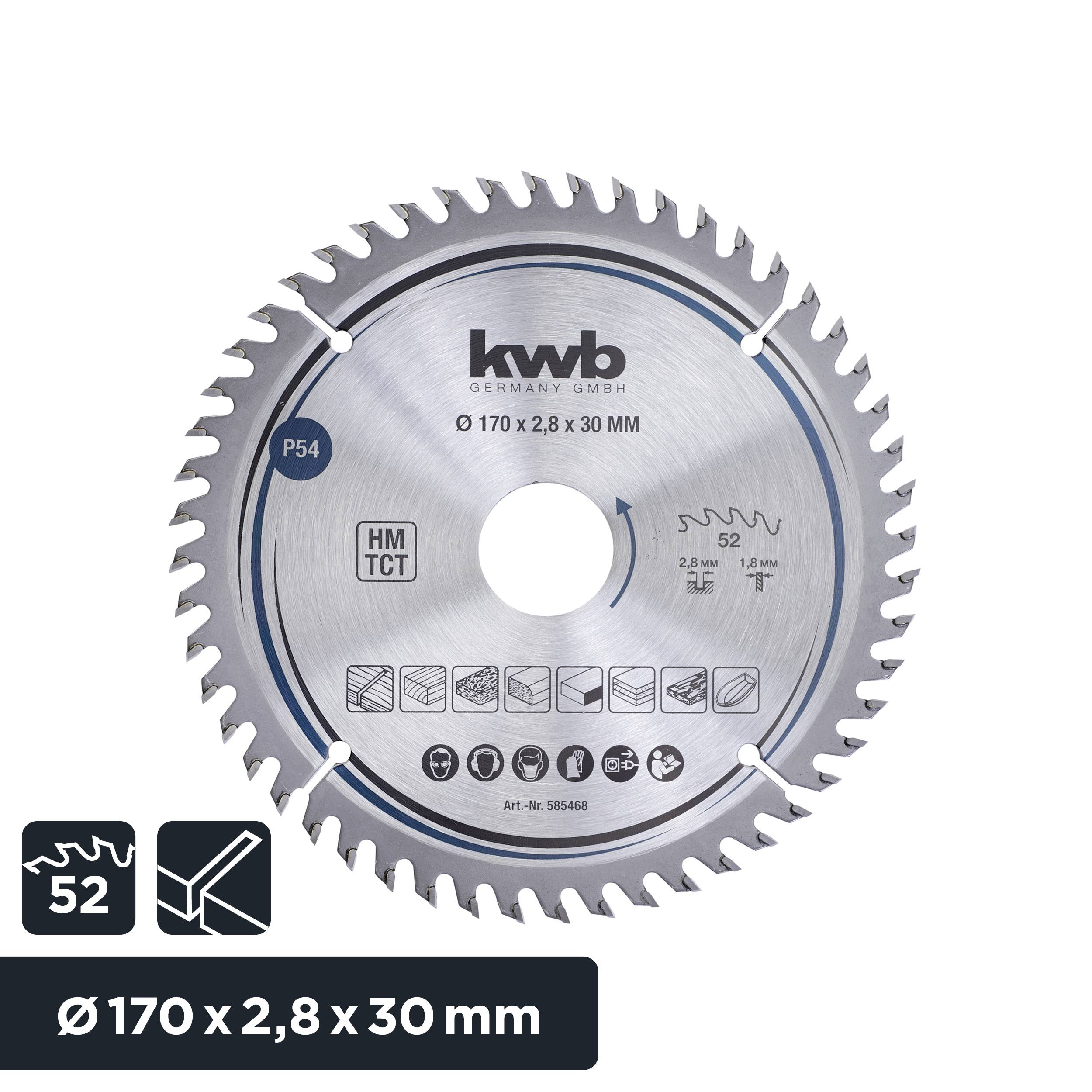 Rundsavsklinge med påskriften 'Ø 170 x 2,8 x 30 mm', egnet til træ og metal, med 52 tænder, mærke KWB.