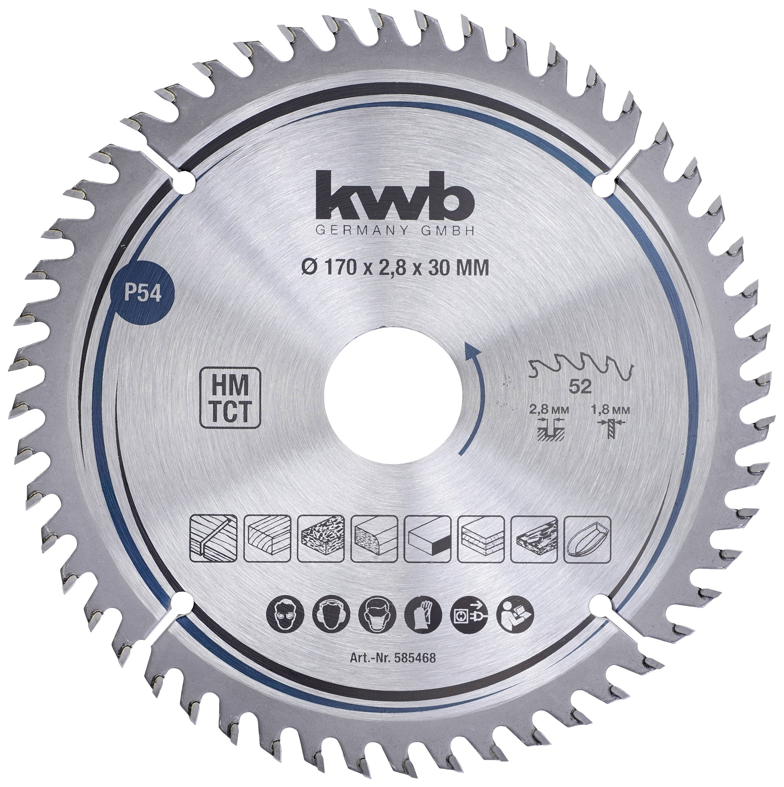 Rundsavsklinge med 52 tænder, HM-teknologi, egnet til træ. Diameter 170 mm, bredde 2,8 mm, boring 30 mm.