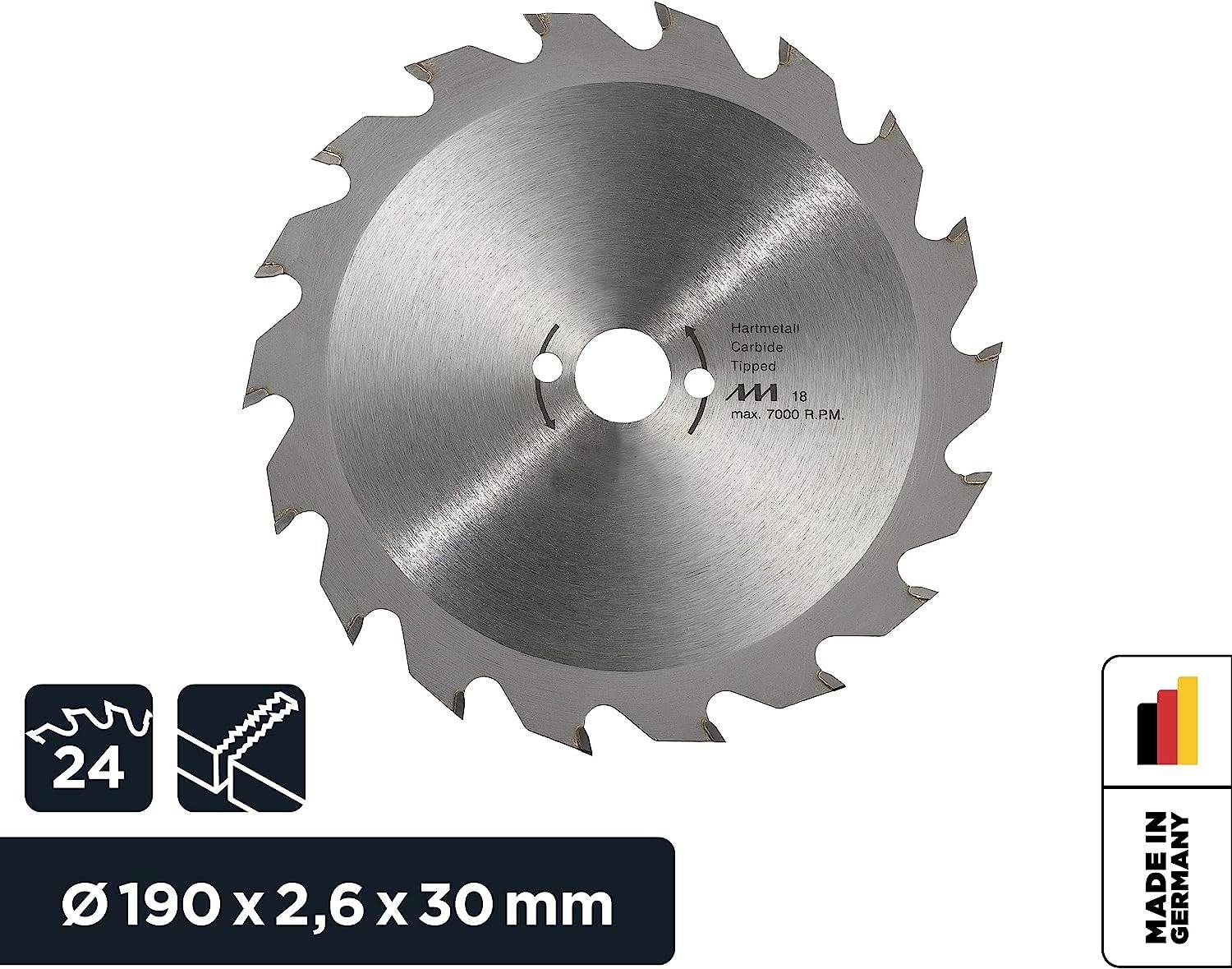 Rundsavsklinge med 24 tænder, diameter 190 mm, skærebredde 2,6 mm, boring 30 mm. Hårdmetalbefæstet, 'Made in Germany'.
