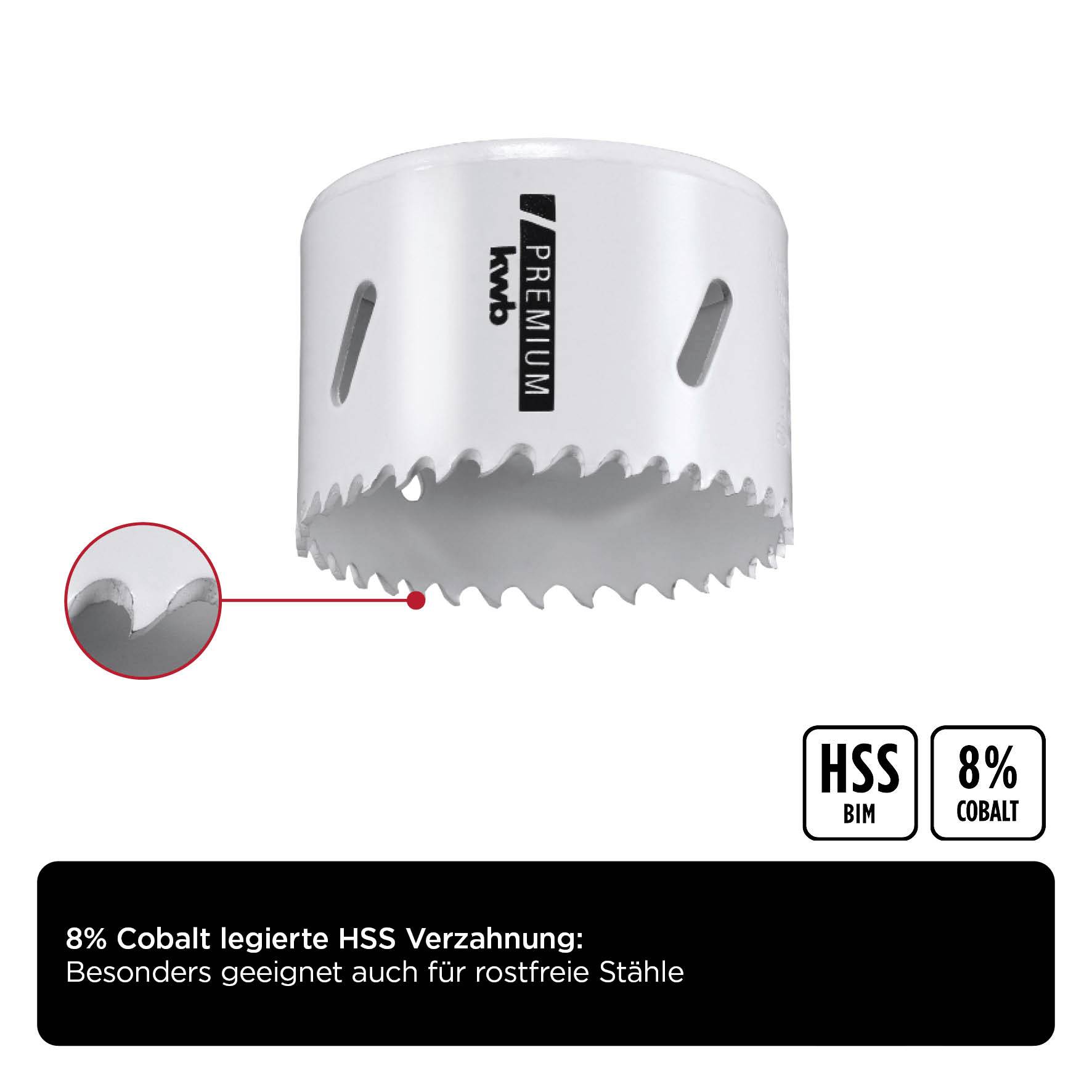Borekit med HSS- og 8% koboltlegering. Mærkning fremhæver egnethed for rustfrie stål.