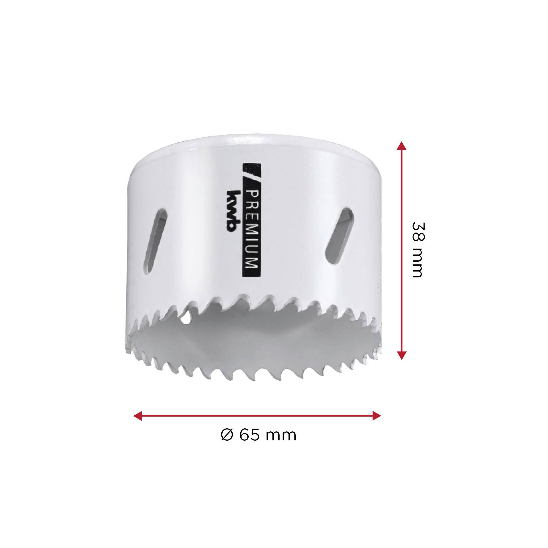 Metalborekrone med tænder, 65 mm diameter, 38 mm højde, påskrift 'Premium kwb'.