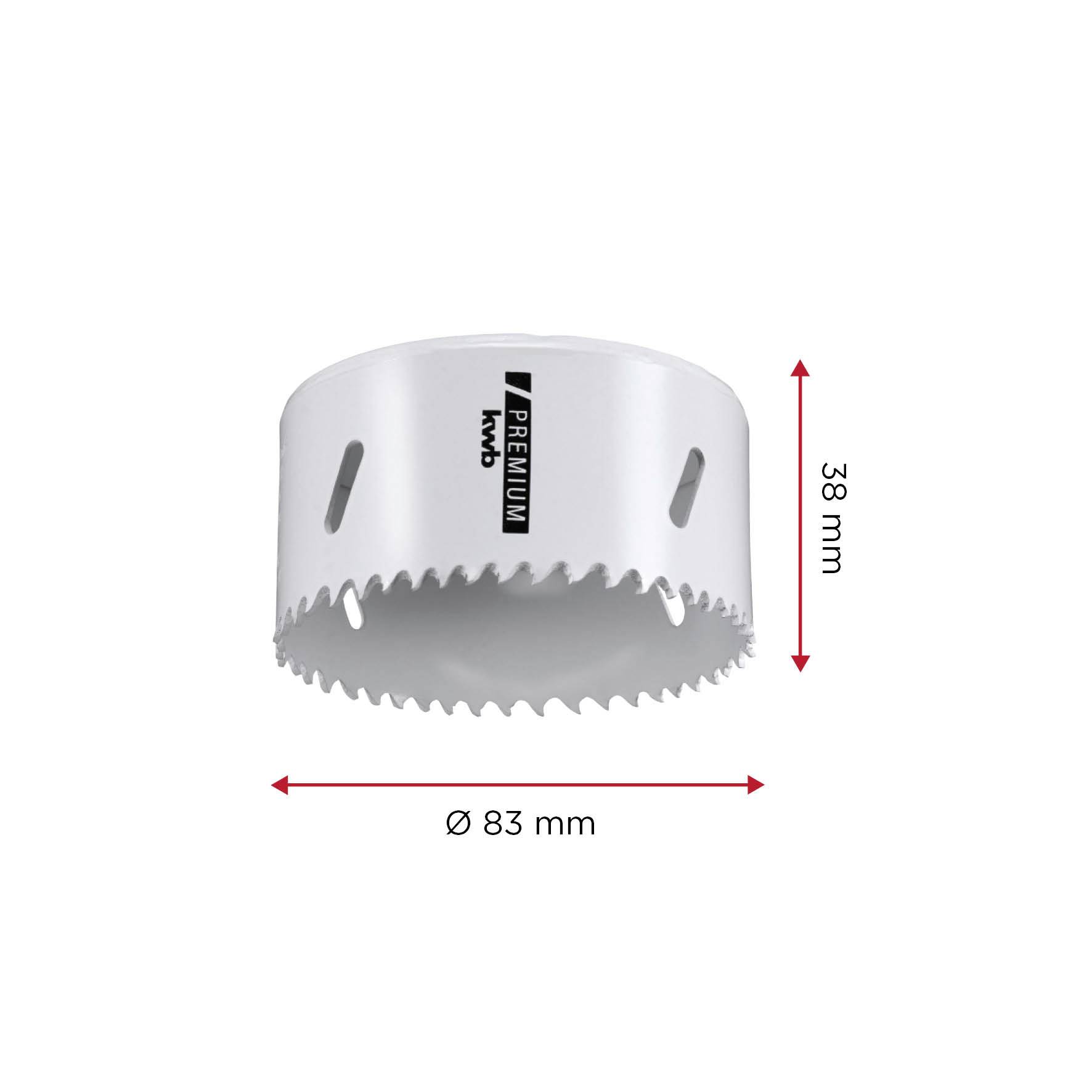 Borehovede med 83 mm diameter og 38 mm højde, egnet til bearbejdning af træ, plast og metal.
