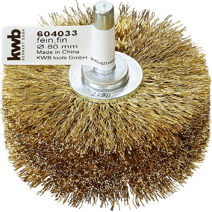Metalslibebørste med etiket, Ø 80 mm. Påskrift: 'Made in China, kwb tools GmbH'. Ideel til metalforarbejdningsopgaver.
